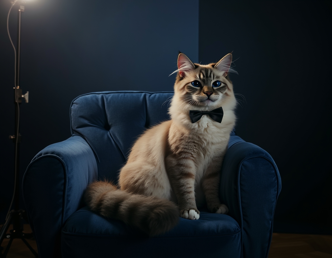 Photorealistic image of cat posed on a luxurious velvet chair in a studio. The backdrop is a deep navy blue with soft spotlighting that highlights the cat's fur and a sleek black bowtie, giving the scene a sophisticated, formal atmosphere.